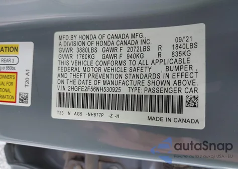 2022 Honda Civic Sport z USA, uszkodzony, nr VIN 2HGFE2F56NH530925